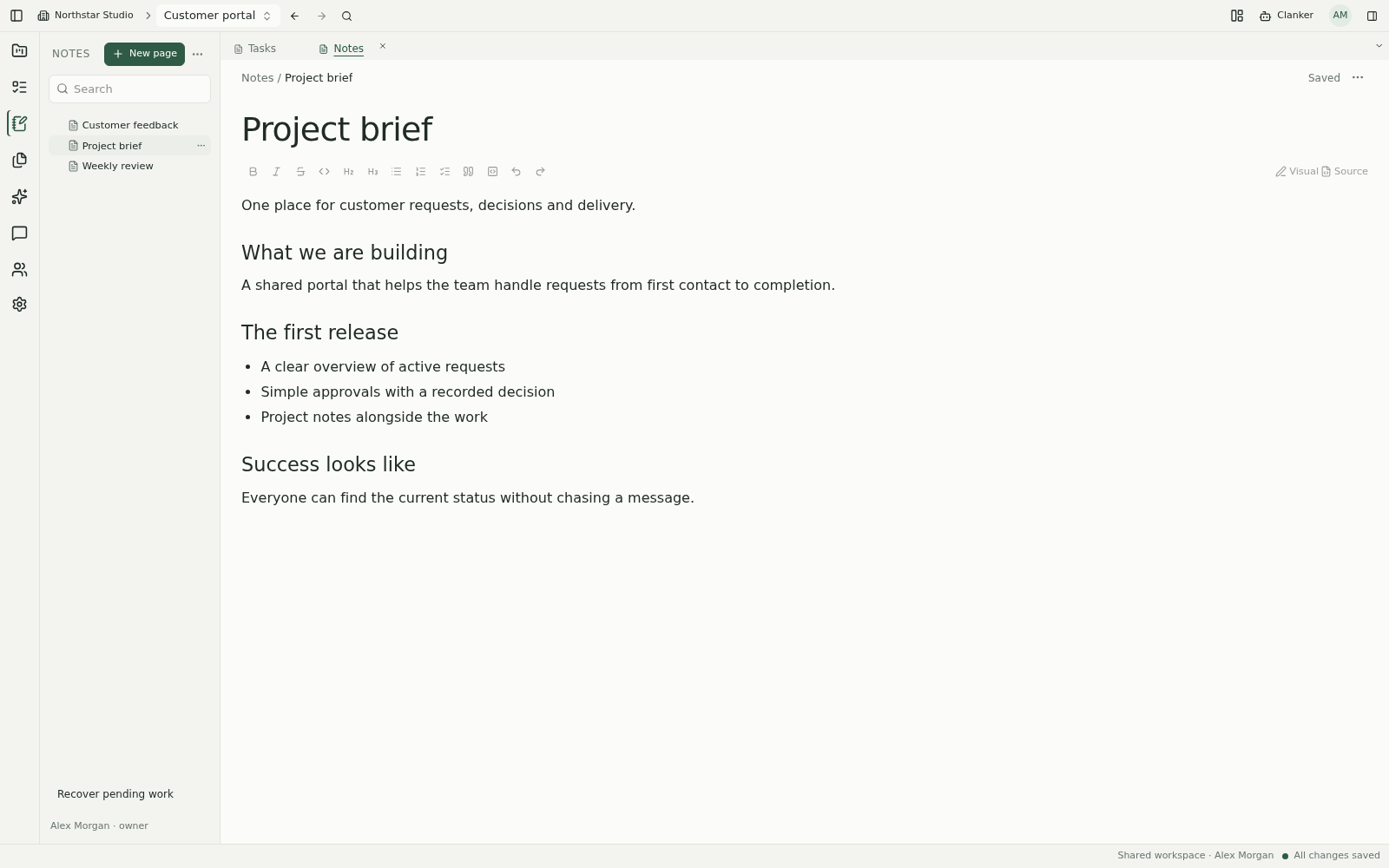 Project brief in a hierarchical note editor