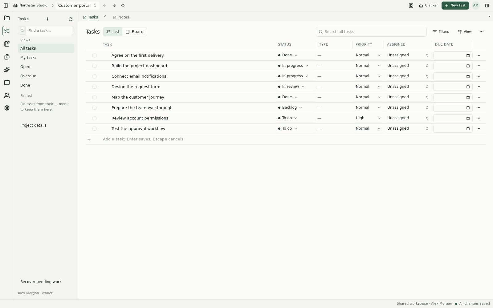 Task table with status and priority